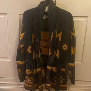 Idyllwind Black and Yellow Geometric Fringe Collar Cardigan